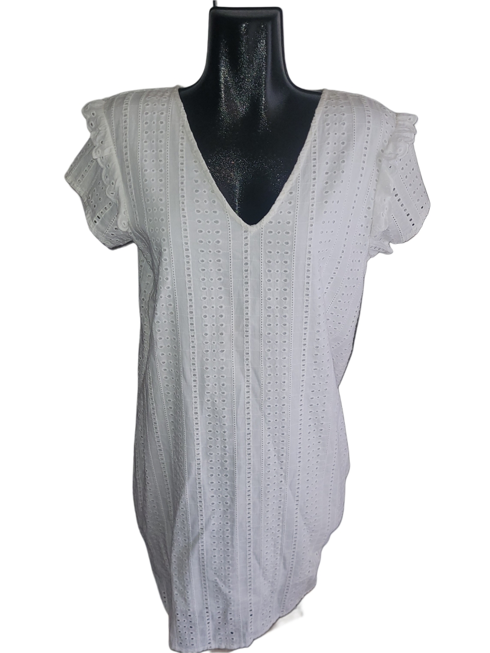 Ichi White Cotton Eyelet V-Neck Mid-length Shift Dress Size 40 - Picture 2 of 7